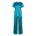 thumbnail image 6 of Silk Pajamas for Women 2 Piece Satin Pjs Cap Short Sleeve Sleepwear V Neck Shirt Long Pant Lounge Sets Dark Blue XXL(XXL), 6 of 6