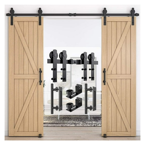 Heavy Duty Sturdy Sliding Barn Door Hardware Kit, Door Slides For Double Door Include 2 Door Handle And 2 Floor Guide Set ,Easy to Install