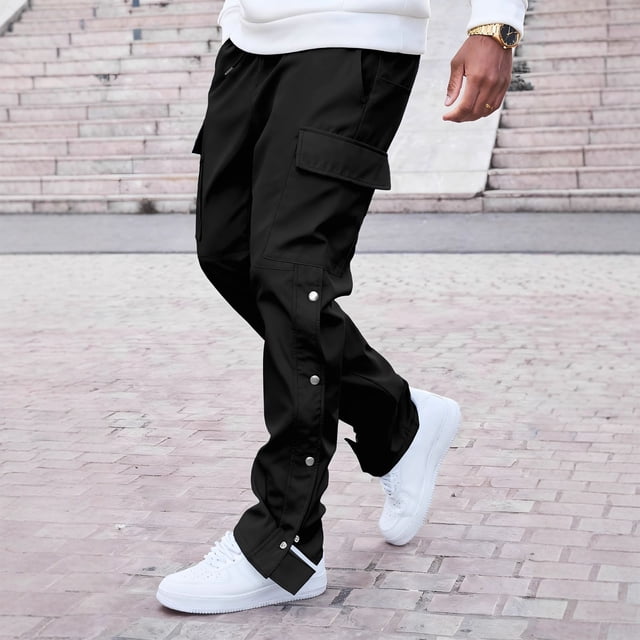 Ceisia Men Solid Color Fleece Multi Pocket Work Pants Loose Drawstring Gift Elastic Cuff Trousers