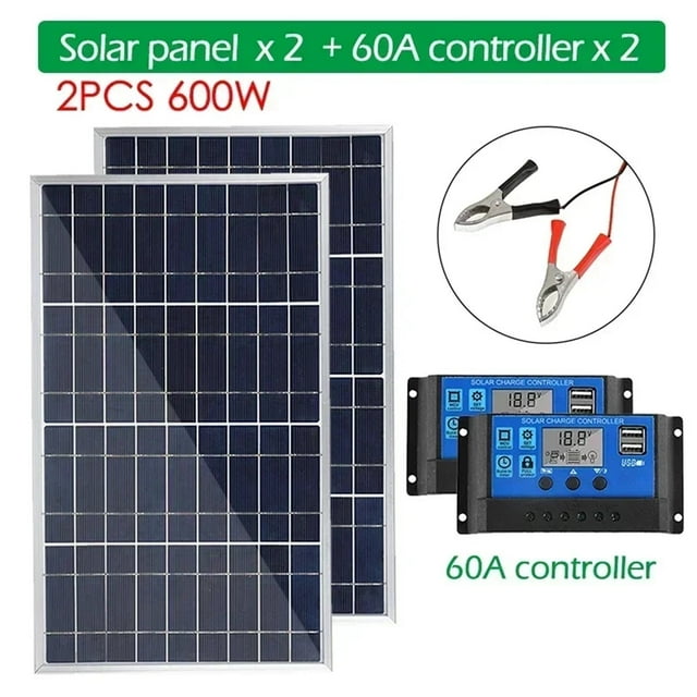 Kit de Panneau Solaire 18V Complet 300/600W Polycristallin Alimentation USB Portable Extérieur Rechargeable Cellule Solaire nerator pour Camping