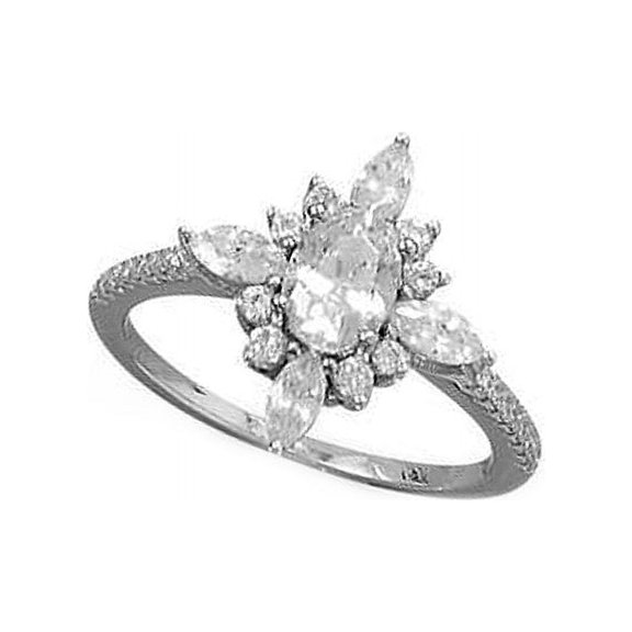 Marquise Flower Design Ring Cubic Zirconia Band Rhodium on Sterling Silver
