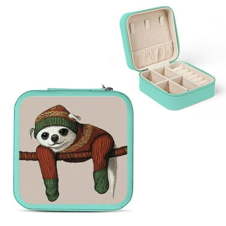 Autua Dog in Sweater Travel Jewelry Case Organizer with Necklace Hooks and Zipper  Compact Size Jewelry Storage Box for Rings  Earrings  Bridesmaid Gifts  3.8×3.8×2 Inches Green