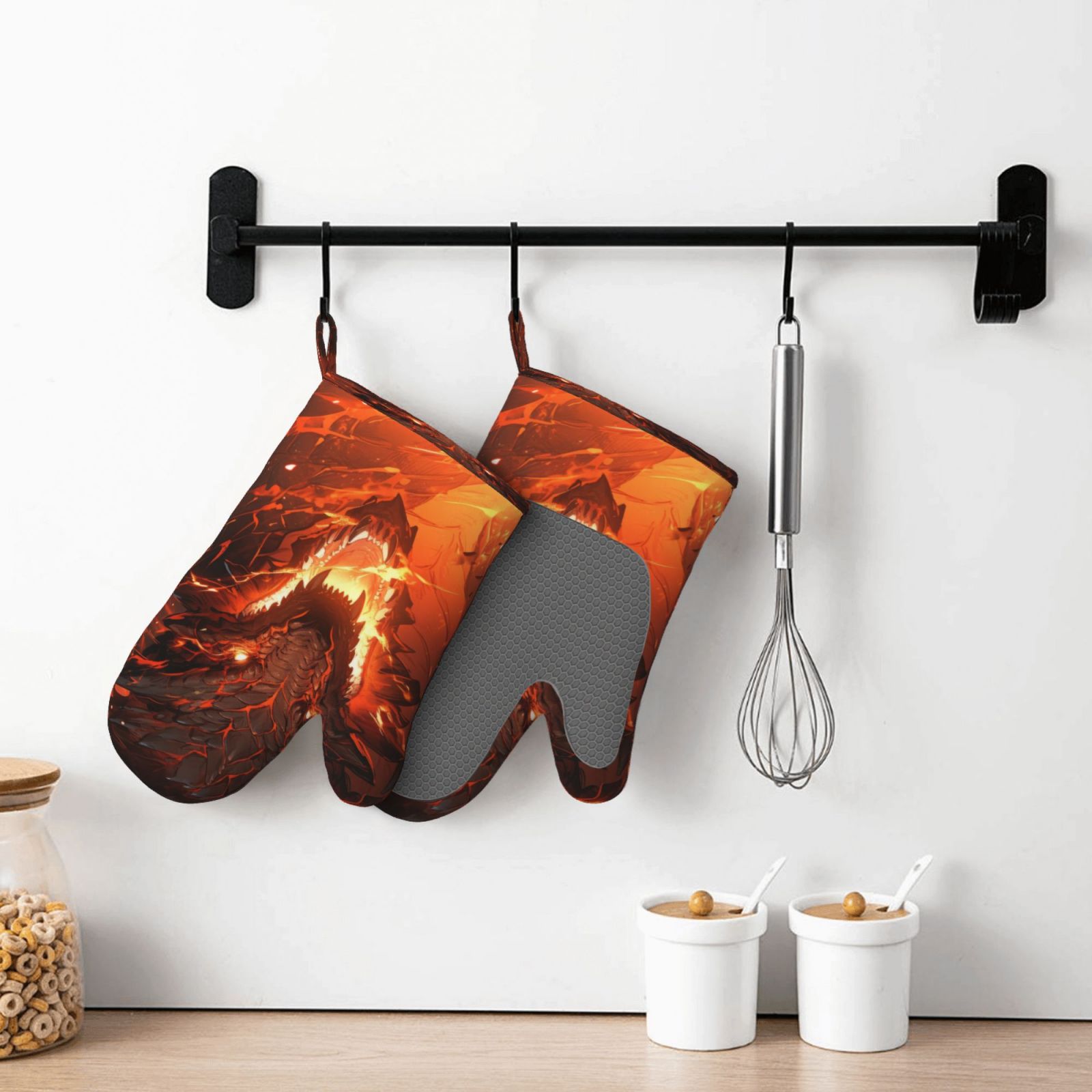 Hirioo Magma Fire Black Dragon for Silicone Oven Mitts for BBQ, Baking, Cooking, Set of 2, Heat Resistant 260℃, Non-Slip Kitchen Essentials