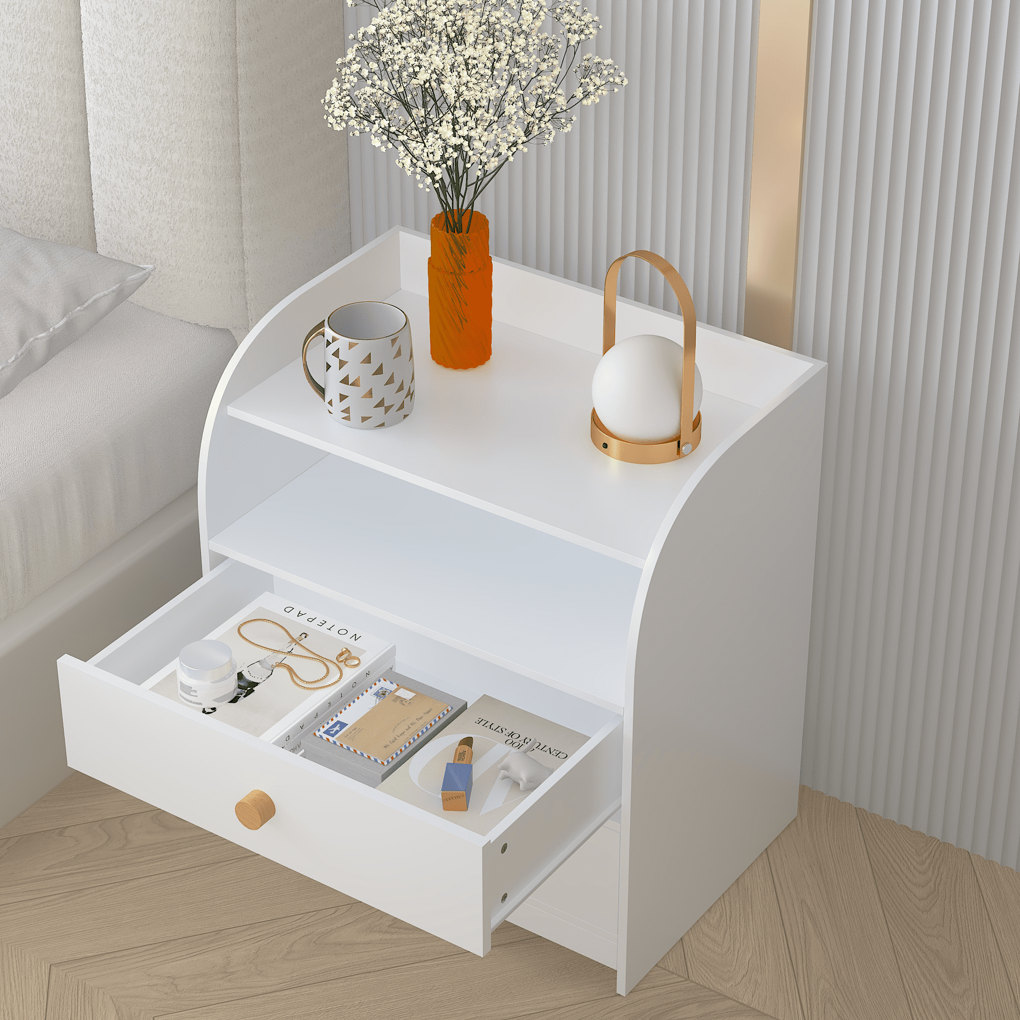 Leumius White Nightstand with 2 Drawers and Open Shelf,Curved Side Panel Wood Bedside Table for Bedroom/Living Room