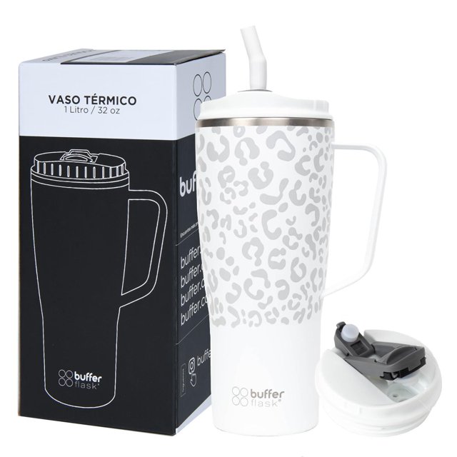 Vaso Térmico Buffer Flask Leopardo Blanco de Acero Inoxidable con Tapa Anti Derrame de 1000 ml