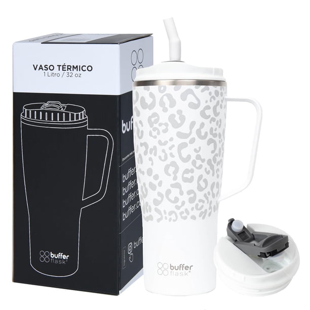 Vaso Térmico Buffer Flask Leopardo Blanco de Acero Inoxidable con Tapa Anti Derrame de 1000 ml