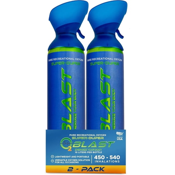 O2 Blast - Portable Pure Oxygen Supplement, Filled with 99.99% Pure Oxygen with Custom Breathing Mask, Stamina, Focus & Recovery Support, 10L, 2-Pack