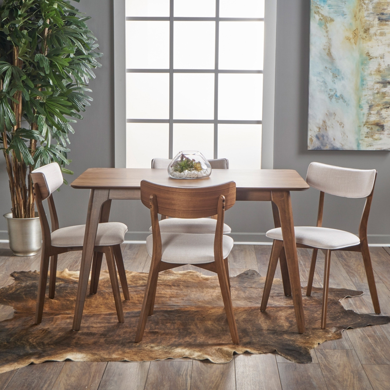 GDF Studio Leora Mid Century Modern Wood Fabric Upholstered 5 Piece Dining Set, Light Beige and Walnut - image 3 of 3