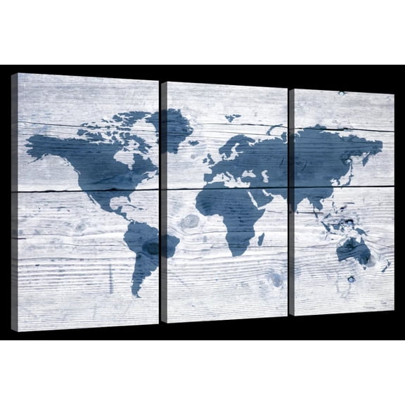 Elephant Stock Wooden World Map Ii Wall Art - Horizontal Multi Panel Canvas - Living Room Wall Decor - Map Multi Panel - Blue And White Decor - 23" x 14"
