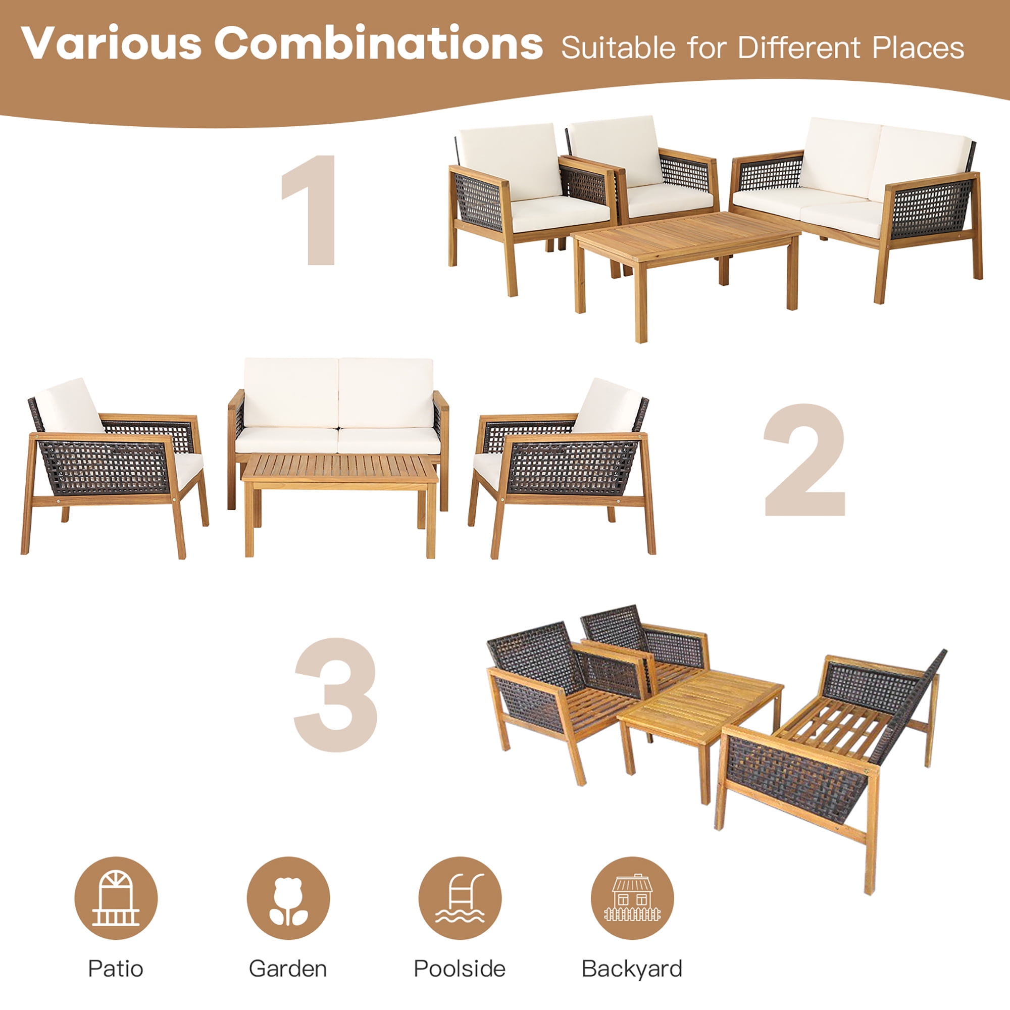 Costway 4PCS Patio Rattan Furniture Set Acacia Wood Cushioned Sofa Off White
