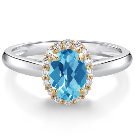 925 Sterling Silver and 10k Yellow Gold Swiss Blue Topaz and White Lab Grown Diamond Halo Engagement Ring for Women (1.13 Cttw, Gemstone November Birthstone, Oval Checkerboard 7X5MM, Size 8)