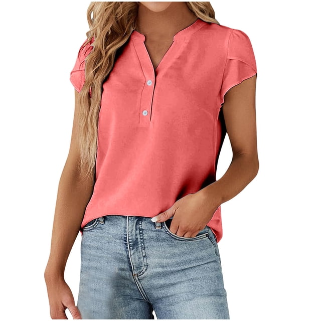 Womens Casual Tops Business Work Blouses Button Shirts Short Sleeve V Neck T-shirt