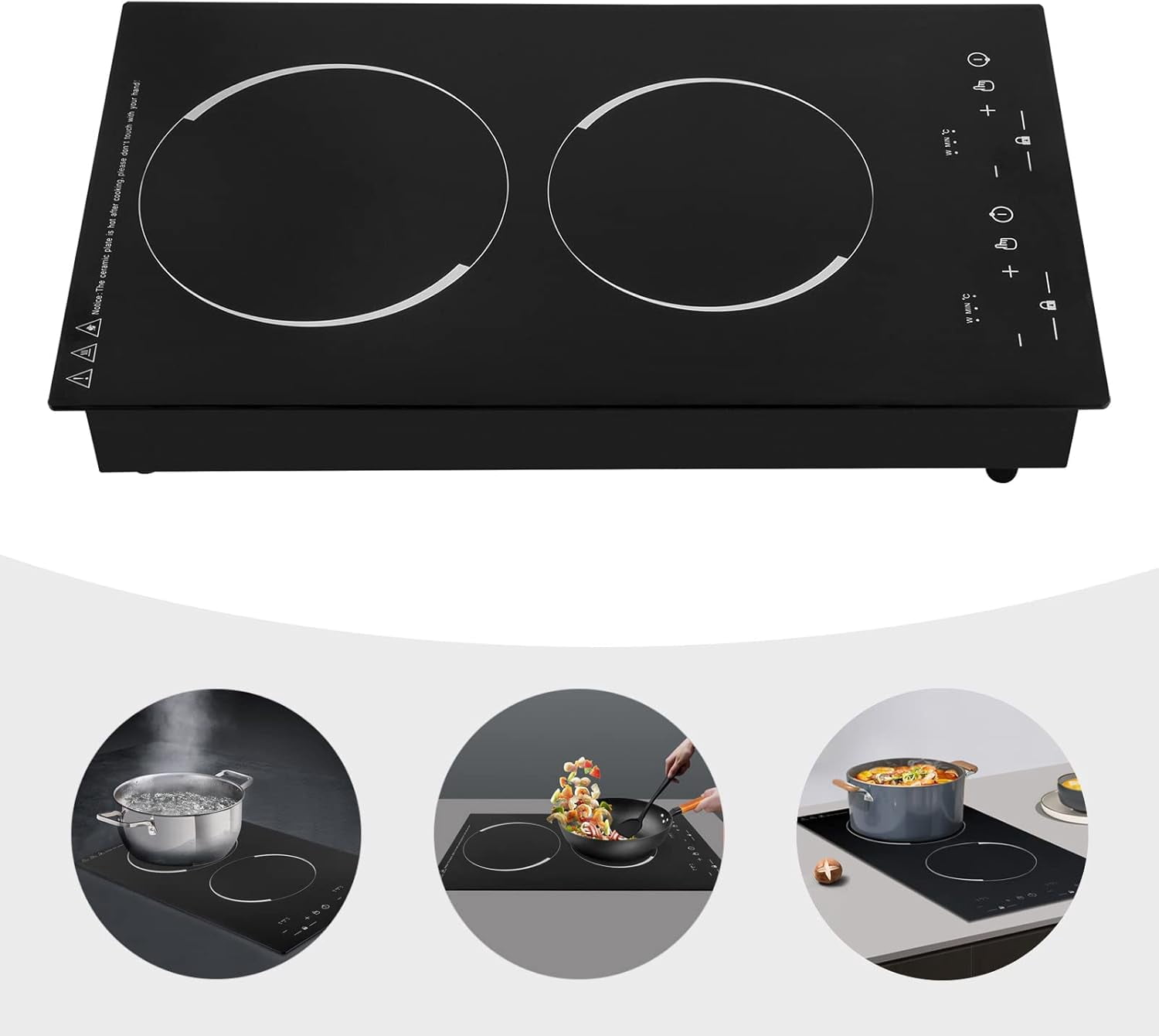 Electric Cooktop 2 Burner Portable Induction Cooker with Burner Independent Control Ultrathin Body 9 gears Temperature 1200W+1100W-Multiple Power Levels 110V-120V (for Pot 10.24in)