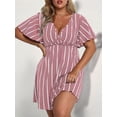 thumbnail image 5 of Women'S Plus Size Dress V Neck Short Sleeve Striped Smocked Waist A Line Short Summer Dress Pink L, 5 of 7