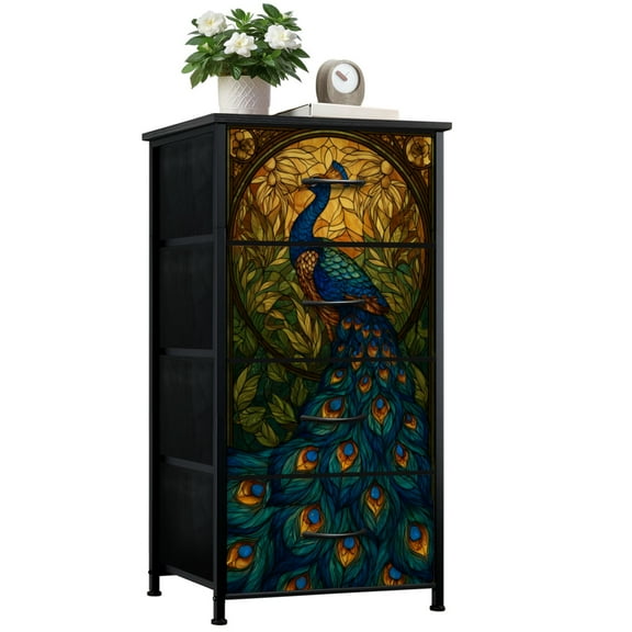 Dresser for Bedroom with 4 Storage Drawers Stained Glass Peacock Vibrant Feathers Floral Accents Dressers Chest of Drawers Steel Framed Fabric Closet Organizers for Entryway Boys Room