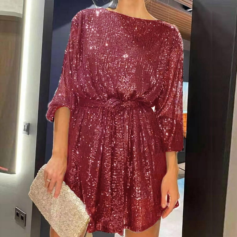 TIANZEN Women's Holiday Party Sequin Beaded Lace Up Long Sleeved Dress  Dresses Slit Maxi Dress Long Dresses with Sleeves - Walmart.com