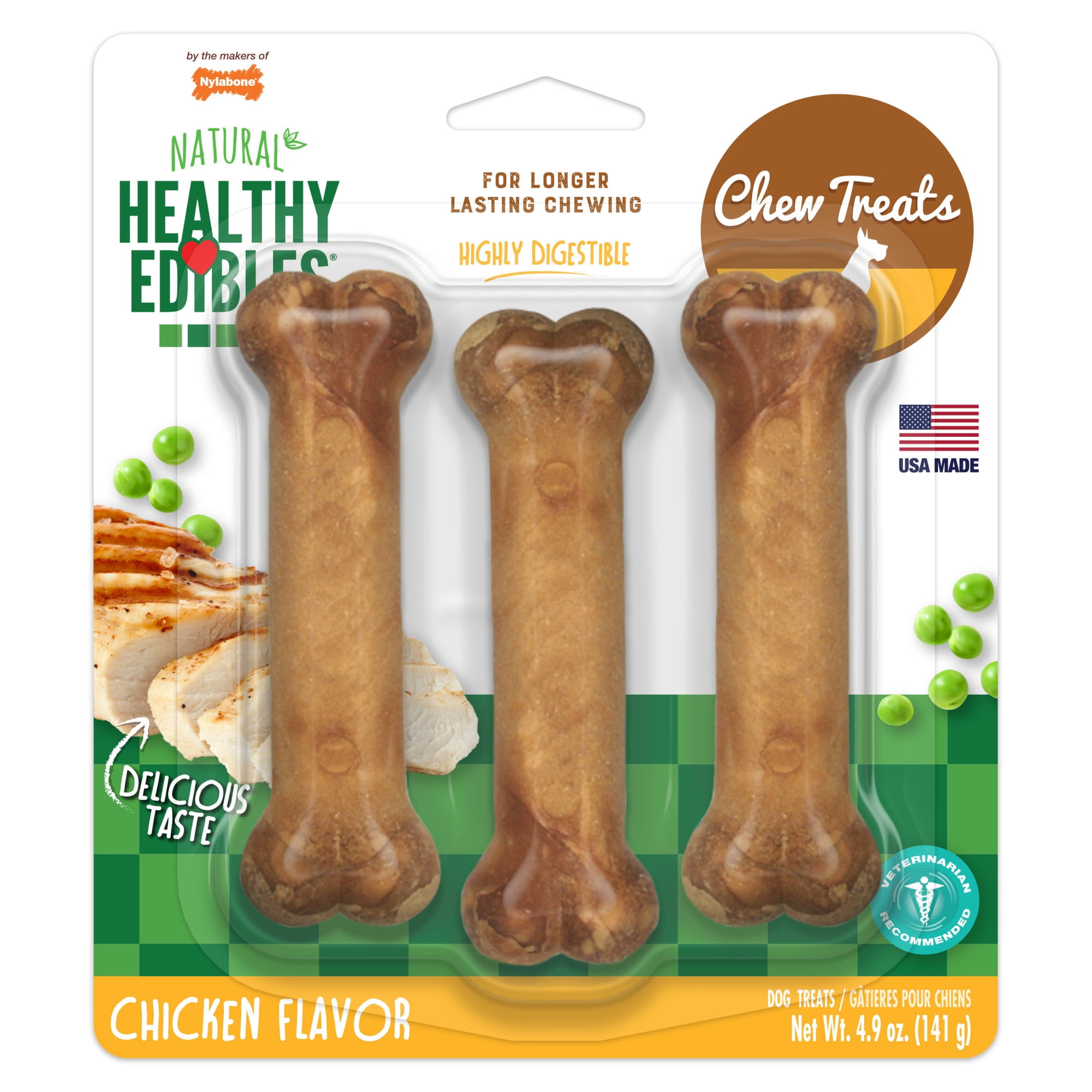 Nylabone Healthy Edibles Natural Dog Treats, Long Lasting Dog Bones, Chicken Flavor Dog Treats, For Small Dogs (3 Count)