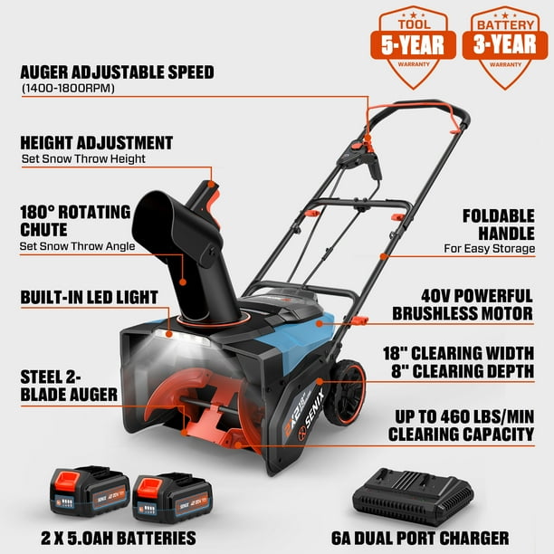 SENIX 40V 18-inch Cordless Snow Blower with 2 x 5.0Ah Batteries