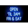 thumbnail image 1 of SpellBrite OPEN 'TIL 3AM FRI & SAT LED Sign for Business. 29.7" x 23.8" Blue OPEN 'TIL 3AM FRI & SAT Sign Has Neon Sign Look, Energy Efficient LED Light Source. Visible from 500+ Feet, 8 Animations., 1 of 4