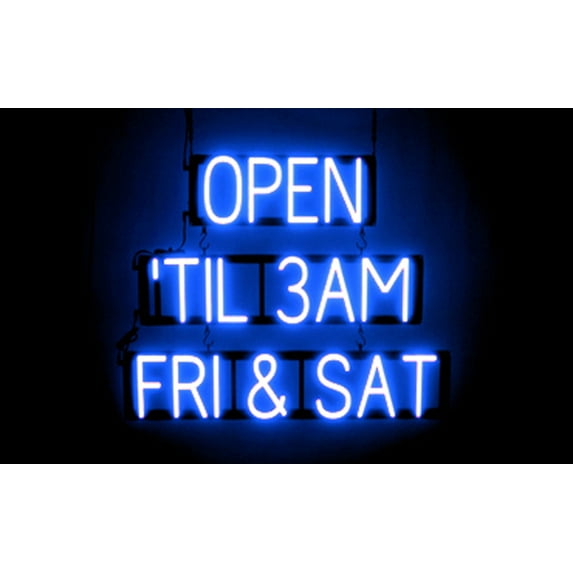SpellBrite OPEN 'TIL 3AM FRI & SAT LED Sign for Business. 29.7" x 23.8" Blue OPEN 'TIL 3AM FRI & SAT Sign Has Neon Sign Look, Energy Efficient LED Light Source. Visible from 500+ Feet, 8 Animations.