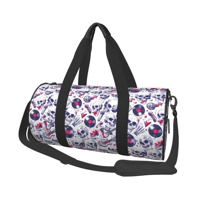 Fotbe music Skull record mike Bolsa Deportiva de Lona Plegable con Estampado, Bolsa de Gimnasio con Bolsillo Seco/Húmedo, Bolsa de Viaje Ultraligera de Gran Capacidad