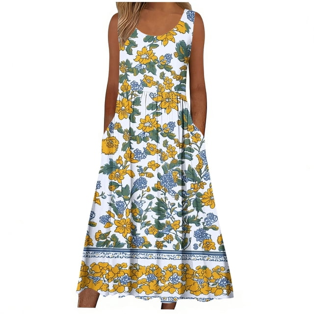 Bajo Vestido Pantalones Cortos Mujeres Casual Cuello Redondo Impresión Bolsillos sin Mangas Vestido Verano Vestido Corto para Mujeres Verano