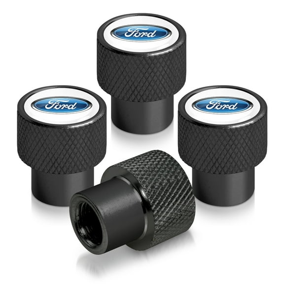 Ford Logo in White on Black Aluminum Tire Valve Stem Caps