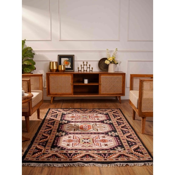 Rugsotic Carpets Hand Knotted Afghan Rugs Rectangle 6'x9' Black Cream Silk-Wool for Indoor Use