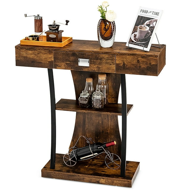 Gymax Table Console avec Tiroir et Étagères à 2 Niveaux pour Entrée Salon Brun Rustique