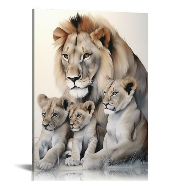JRXY Modern Wild Animal Lion Canvas Paintings Family Portrait Wall Art Decor Home Office Decorations Wooden Framed Ready to Hang 16x20