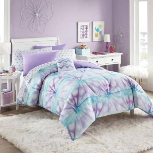 Purple, Turquoise & White TieDye Girls Twin Comforter Set (6 Piece Bed