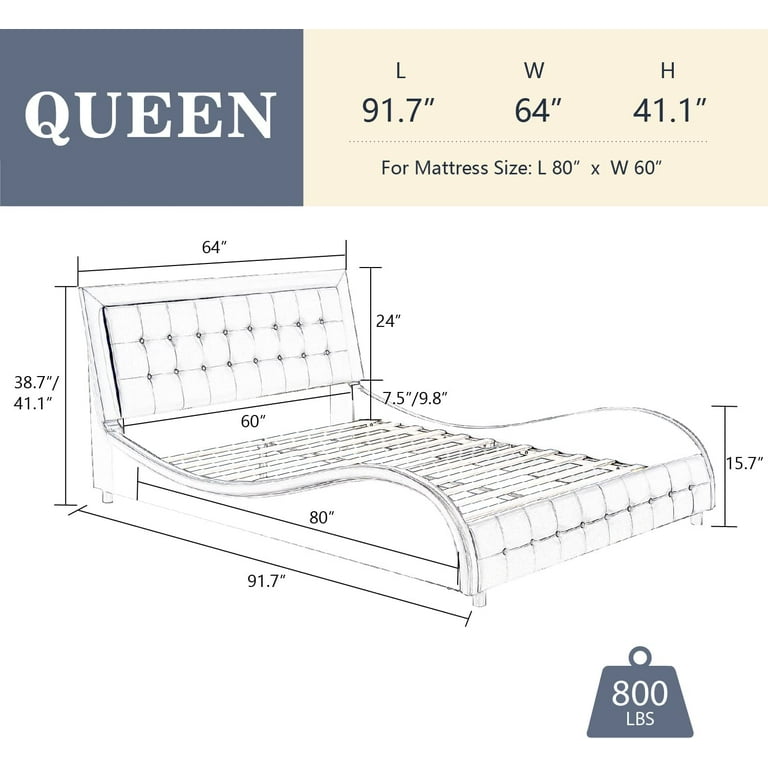 Allewie Queen Size Leather Platform Bed Frame with Modern Wavy Box-Tufted Adjustable Headboard, Black