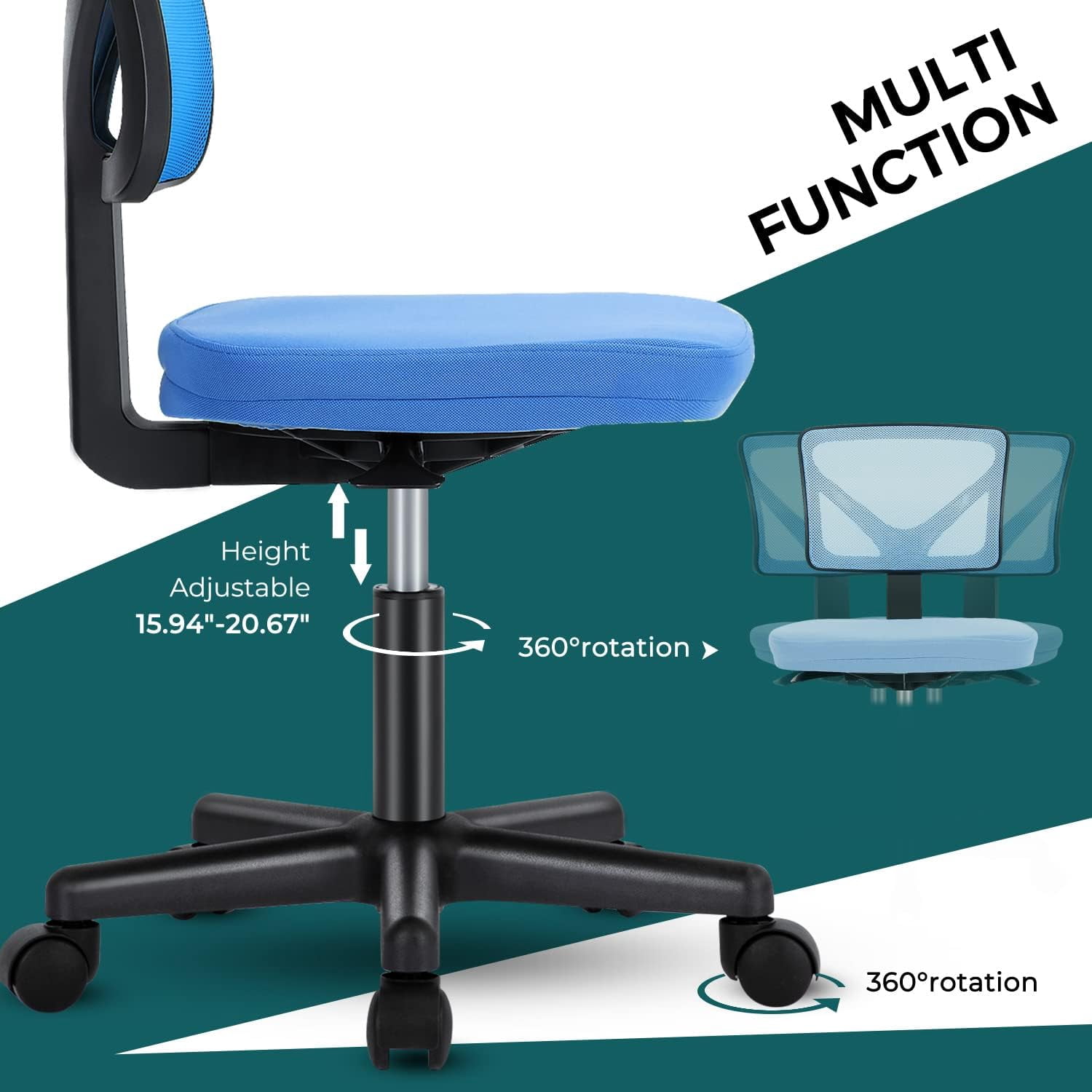 Armless Mesh Office Chair, Ergonomic Low-Back Swivel Desk Chair with Wheels and Lumbar Support, Height Adjustable, Blue