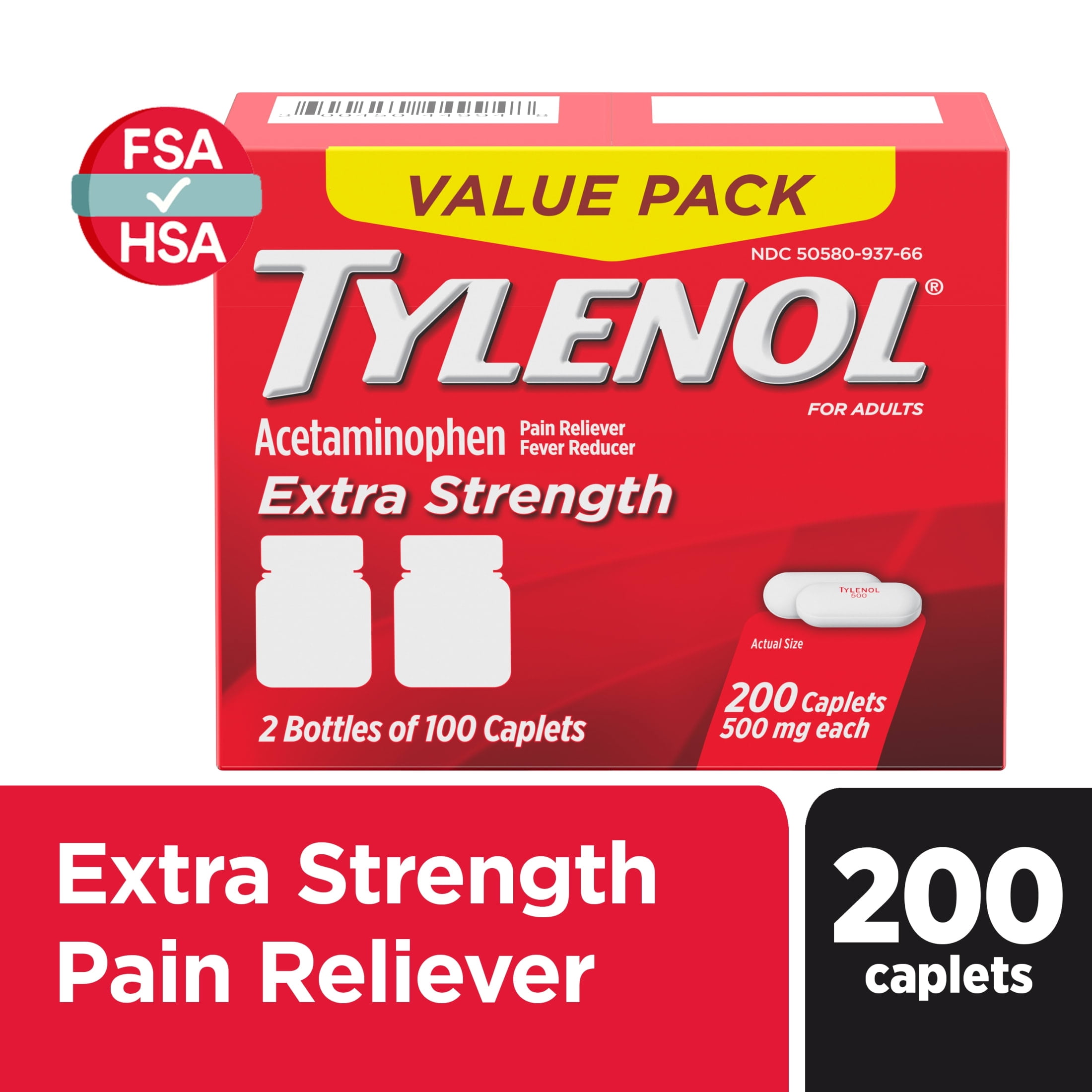 Tylenol Extra Strength 500mg Pain Relief Acetaminophen Caplets, Value Size, 100 Count, Two Pack