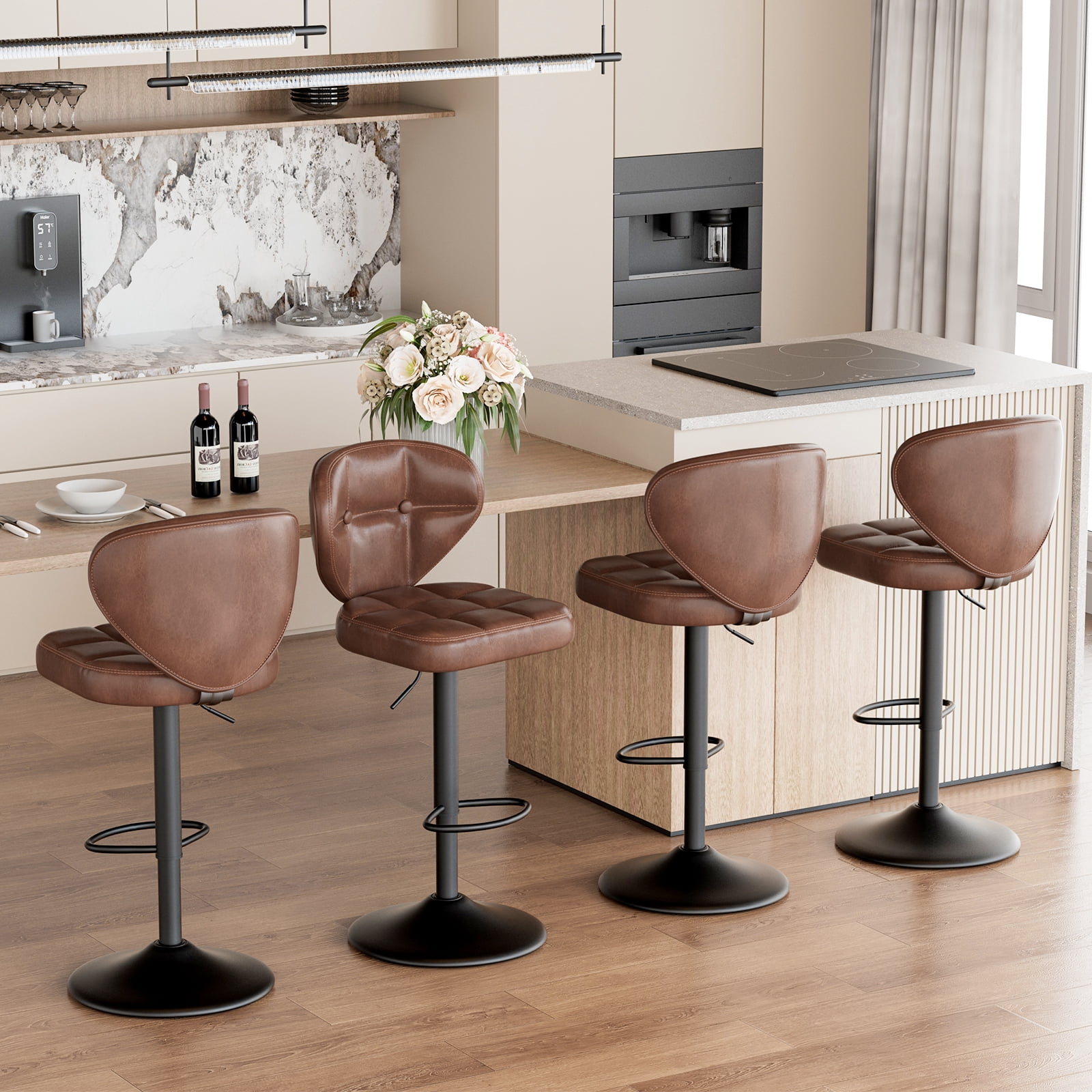 Hawsaiy Vintage Style Leather Bar Stool Set of 2 with Button-Tufted Design,Brown