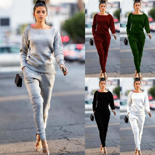 Womens Fall Rib-Knit Pullover Sweater Top Long Pants Set 2 Piece Jogger Outfits  Tracksuit - Walmart.com