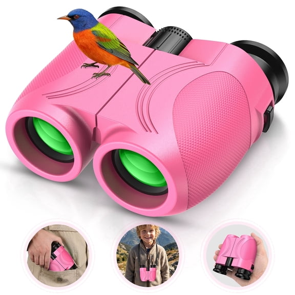 12x25 Kids Binoculars, FMC BAK4 with Neck Strap & Carrying Bag, Small Compact Binoculars for Bird Watching, Camping & Travel (Pink)