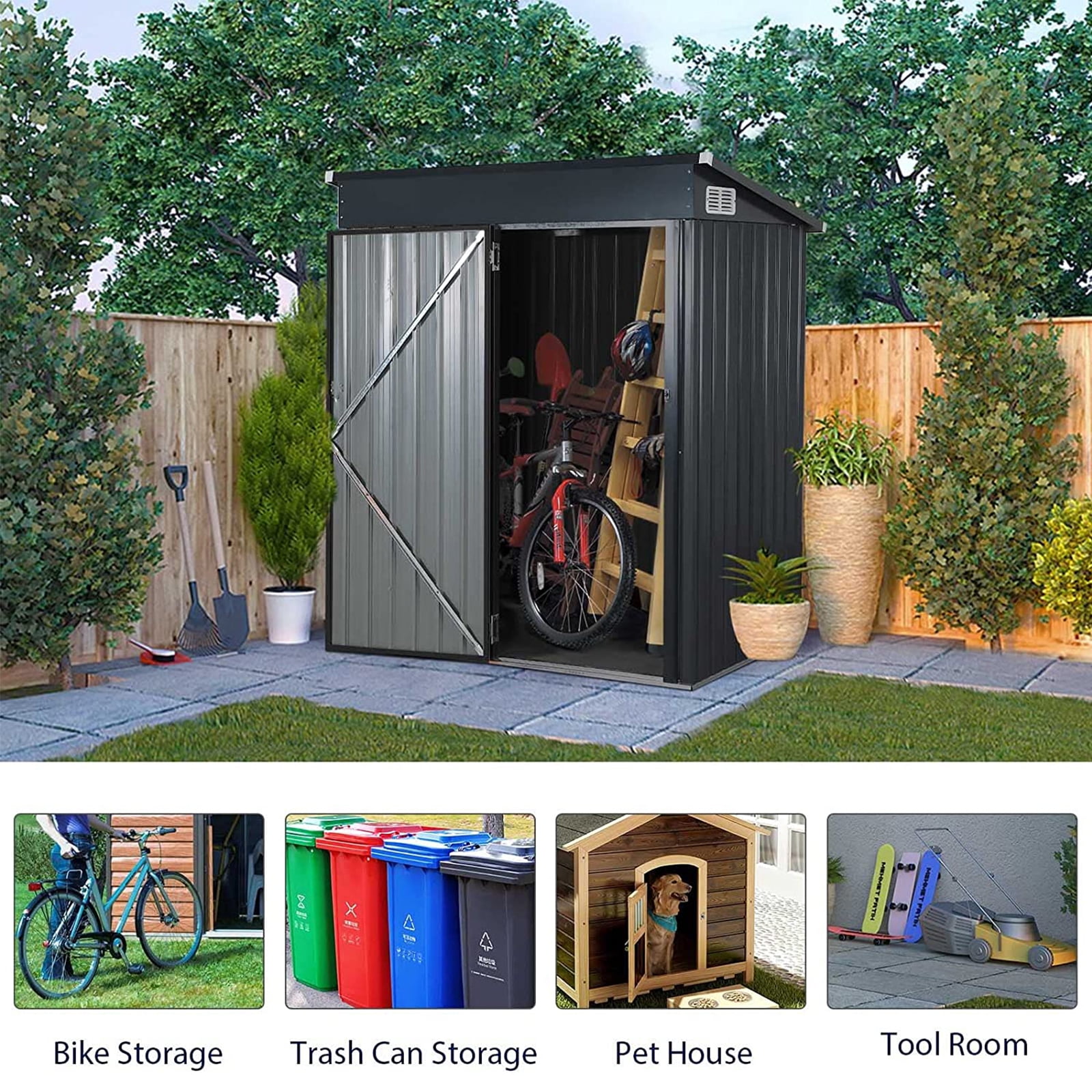 JOIVI Outdoor Storage Shed, 5'x3' Small Galvanized Metal Steel Weather Resistant Garden Storage Shed W/Lockable Door, Tool Storage Shed for Backyard Garden Patio Lawn, Black