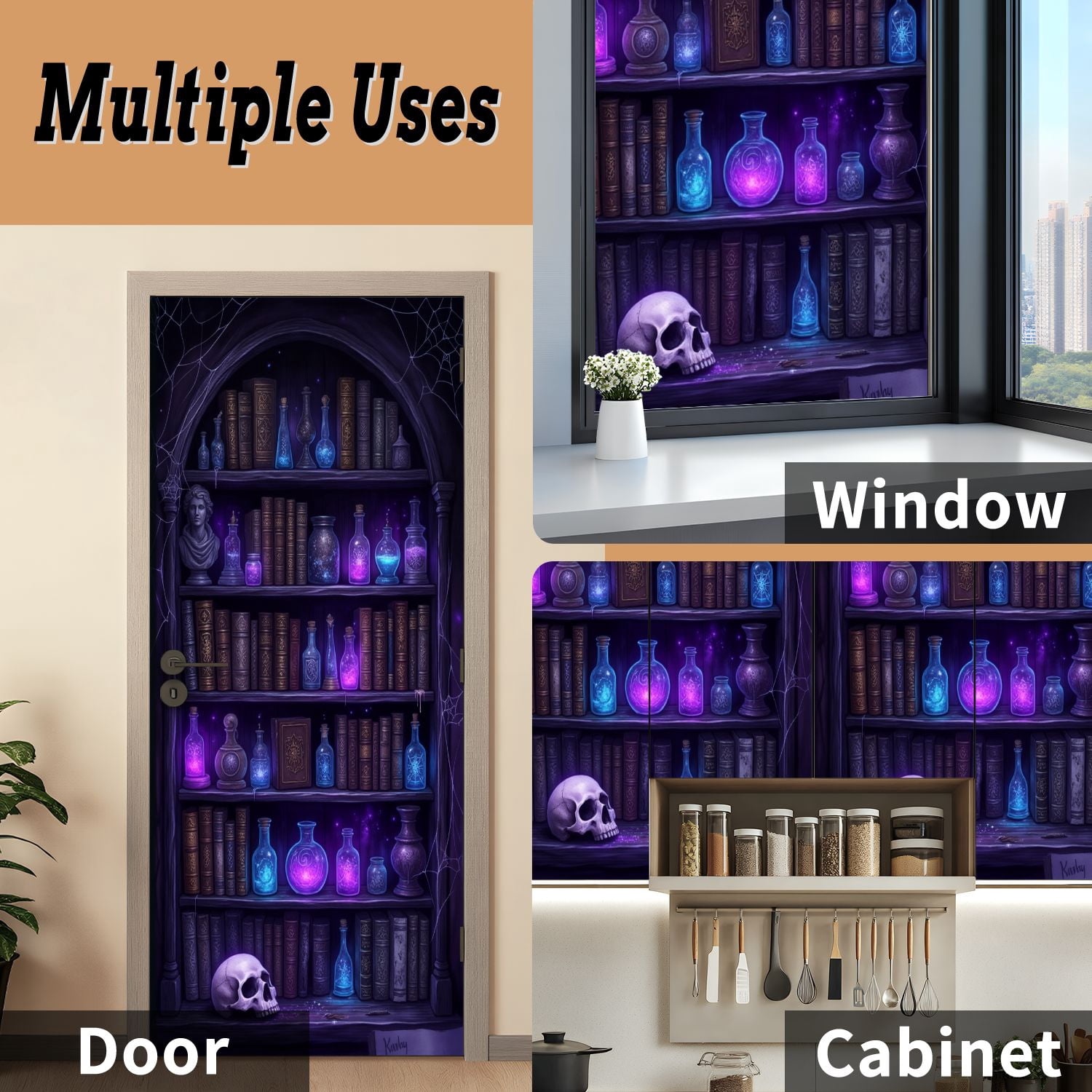 Self Adhesive Vinyl Refrigerator Wrap Set Book Shelf Gothic Spellbooks Artifacts Door Mural Removable Fridge Sticker Peel and Stick&nbsp;Full Door Cover Decal Kitchen Bar Decor