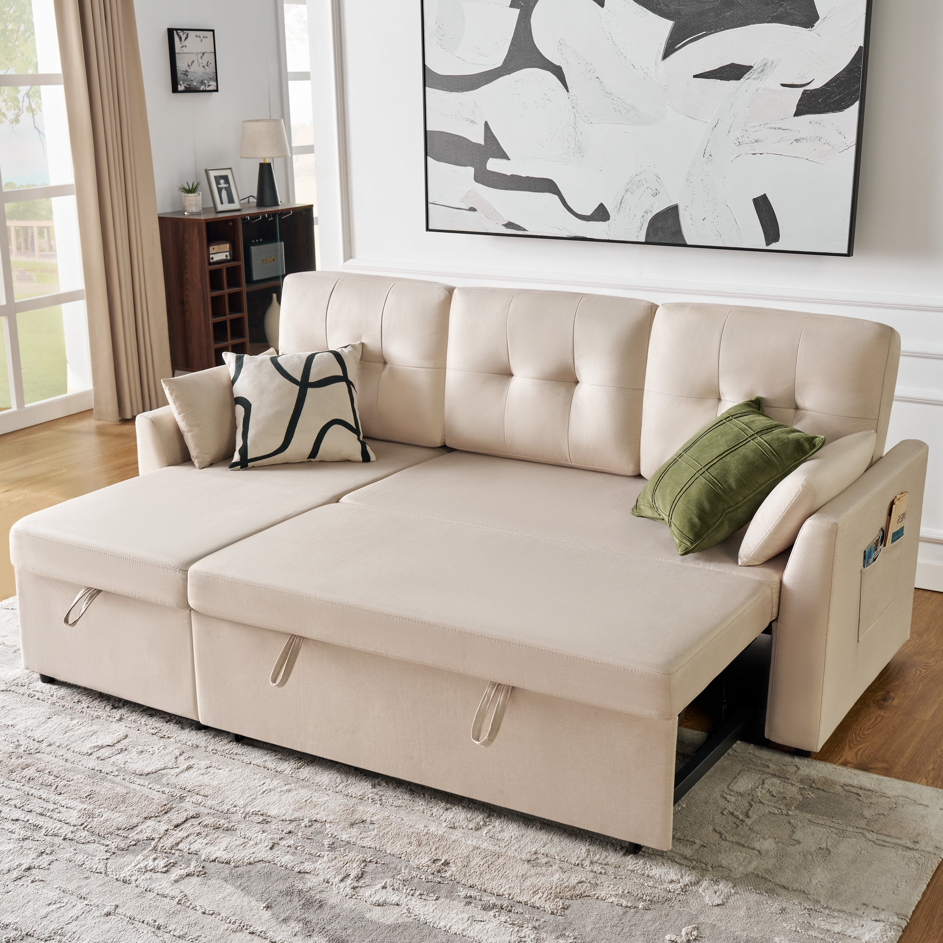 MERLUXY Sofa Bed, Reversible Pull Out Couch with Storage Chaise for living Room, 3 Seater, Beige