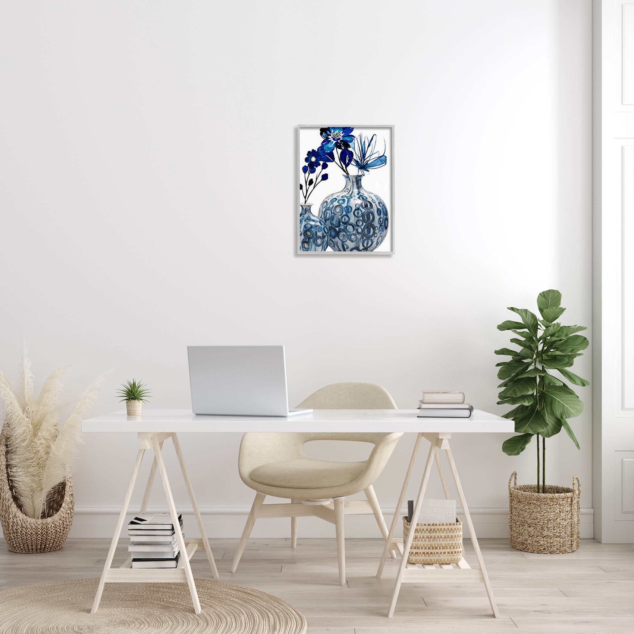 Modern Blue Floral Ornate Vase Botanical & Floral Graphic Art Gray Framed Art Print Wall Art