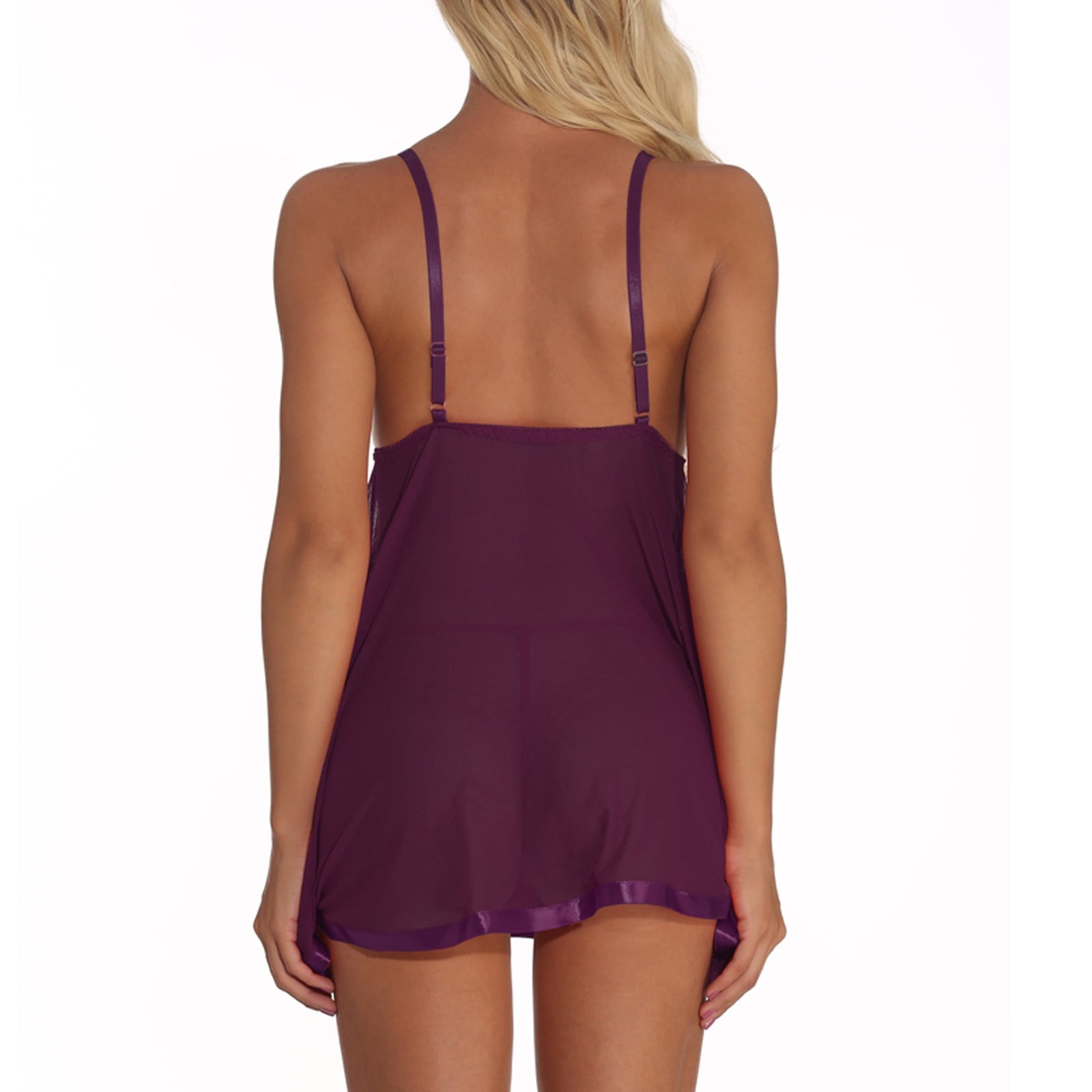 YYDGH Women's Plus Size Lace Mesh Sexy Babydoll Lingerie Split Dress  Chemise with Panty Set Nightgown Purple XL