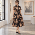 thumbnail image 3 of Women's Vintage Gold Peony Satin Midi Dress Mandarin Collar Short Puff Sleeve Hidden Pockets A-Line Dress, 3 of 6