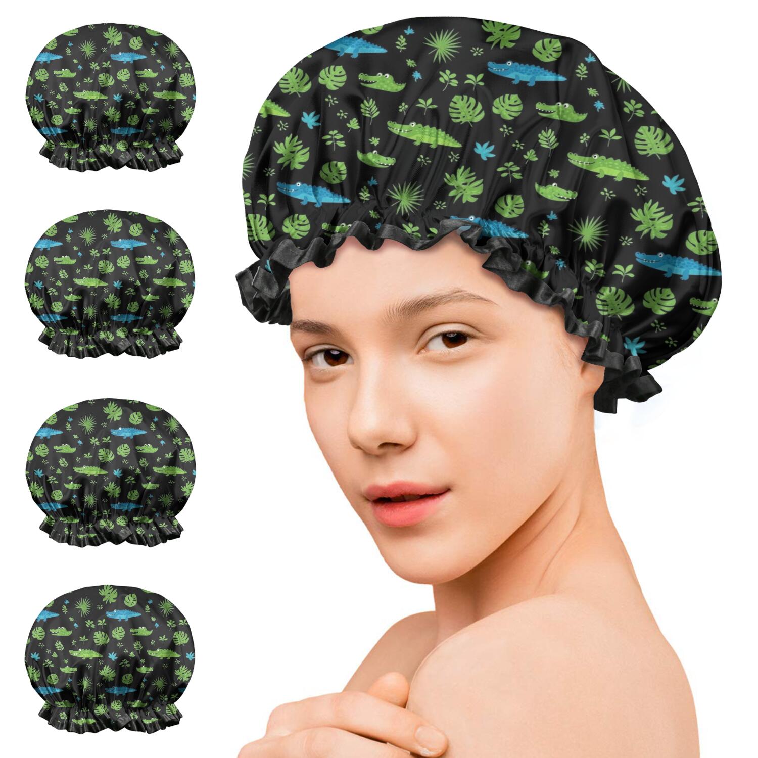 Shower Caps,Black Cartoon Crocodiles Leaves Pattern Waterproof Shower Cap for Women 4 Pieces,Double Reusable Hair Cover for Shower PEVA Elastic Stretch Hem