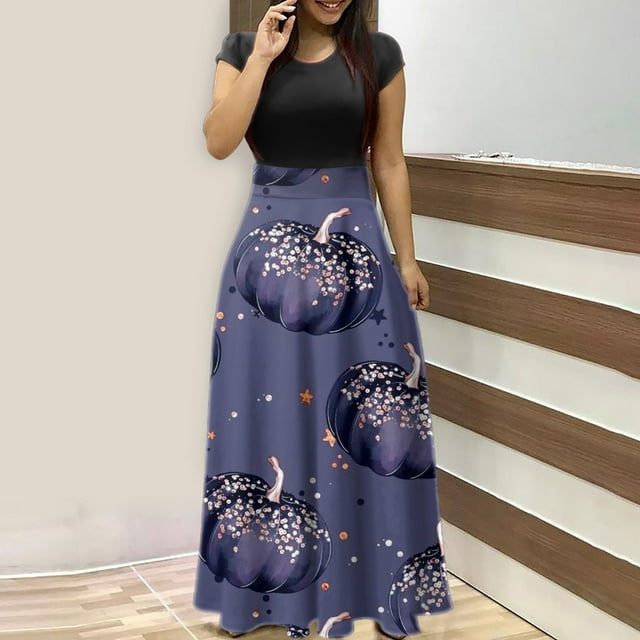 TIMIFIS Robes Maxi d'Halloween pour Femmes Manches Courtes Cosplay Fête Robe Évasée Vintage Horreur Citrouille Imprimée Bal Automne/hiver