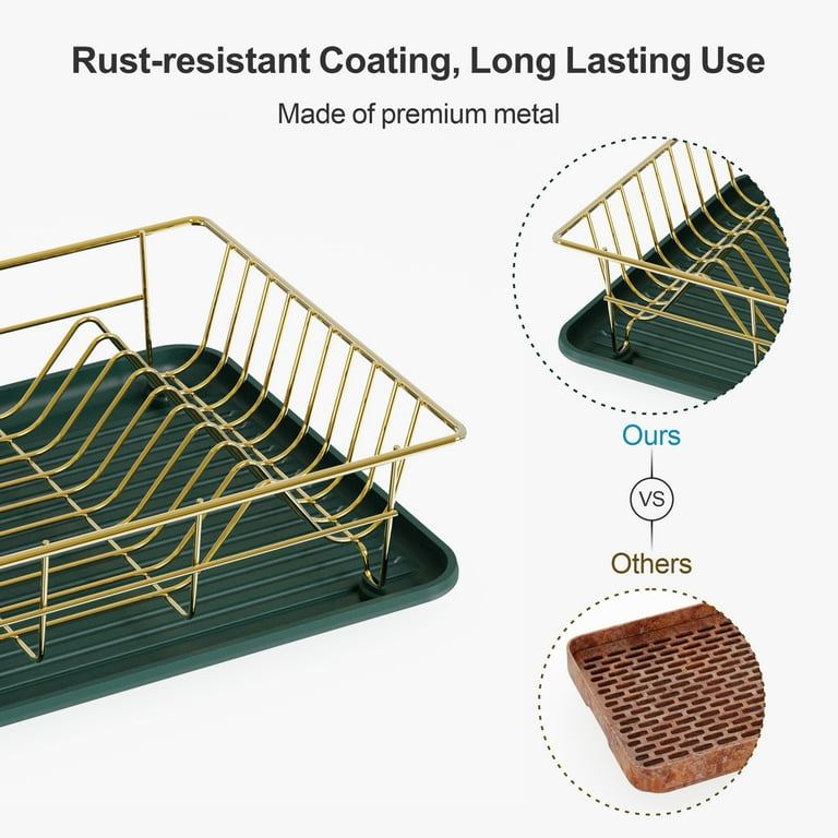 Dish Drying Rack iSPECLE Dish Drainer with Tray Utensil Cup for Small Household Kitchen Counter Cabinet Dark Green