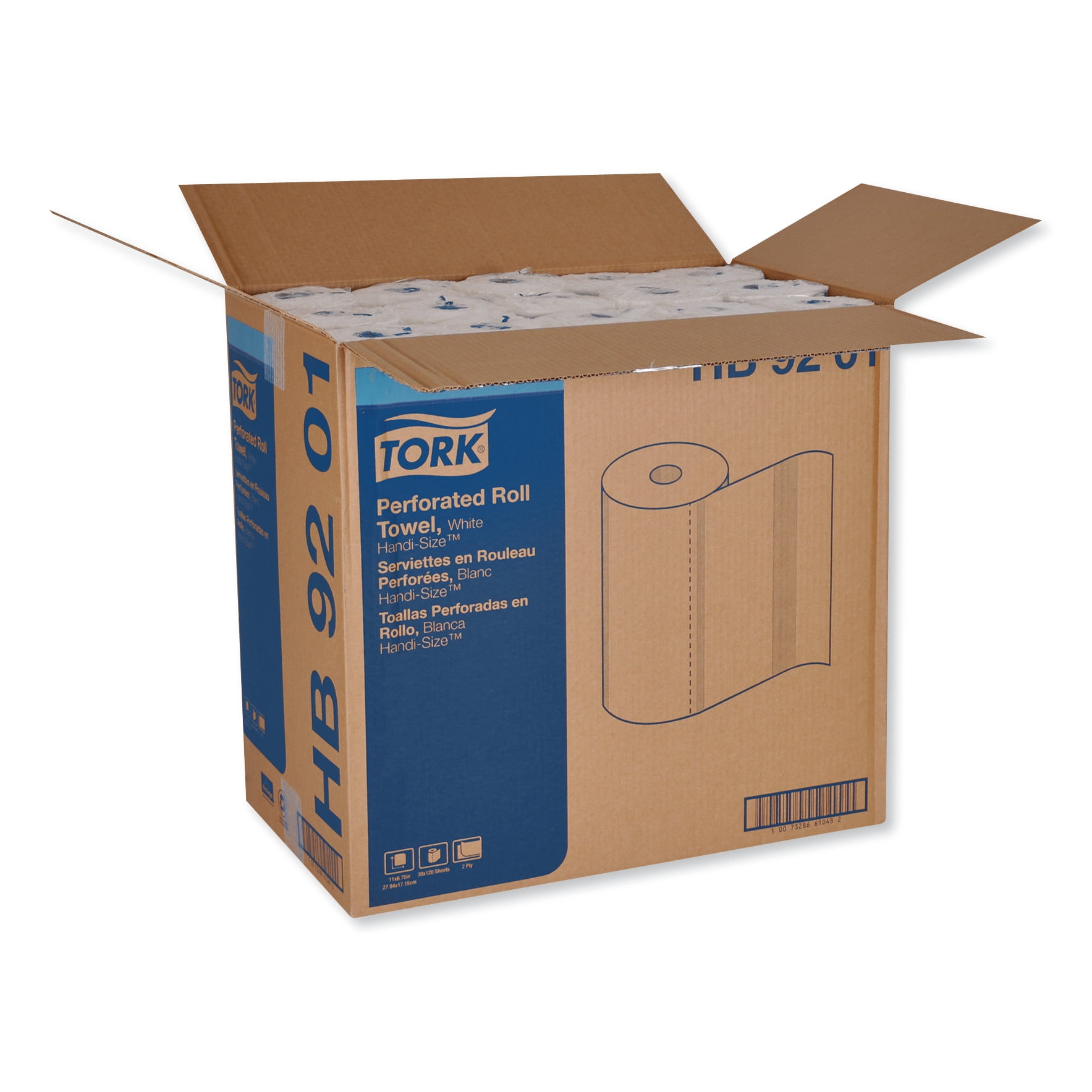 Tork Handi-Size Perforated Kitchen Roll Towel, 2-Ply, 11 x 6.75, White, 120/Roll, 30/Carton -TRKHB9201
