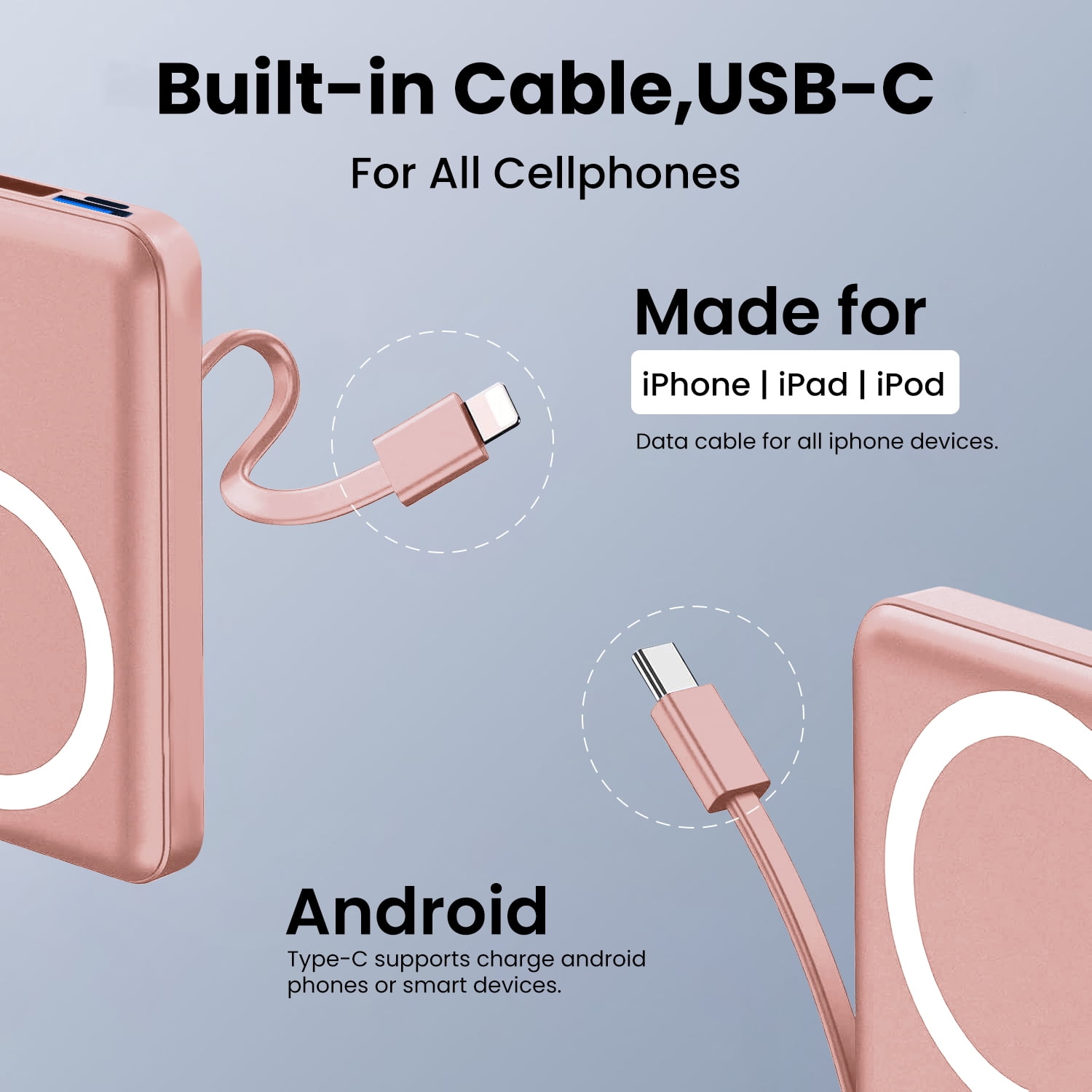 GASYESOY Portable Charger,10000mAh 20W Power Bank,Built-in Cables Fast Charging,with LED Display for iPhone 16/15/14/13/12 and Android,Pink
