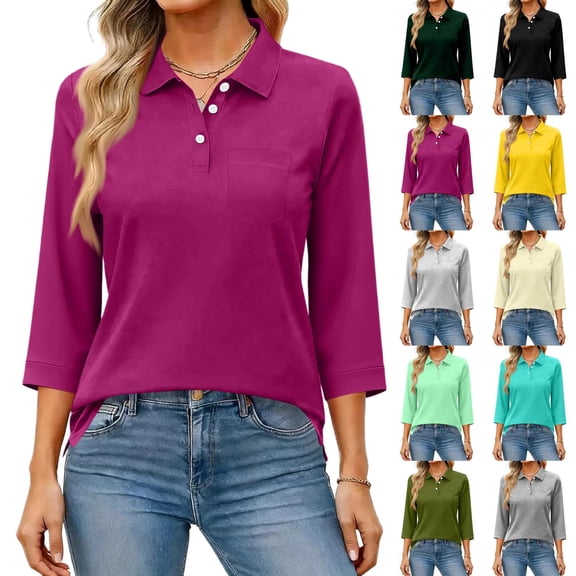Womens Button Down Shirts Casual Lapel 3/4 Sleeve Solid Color Shirts Tennis Golf Business Casual Polo Shirts with Pocket Purple M