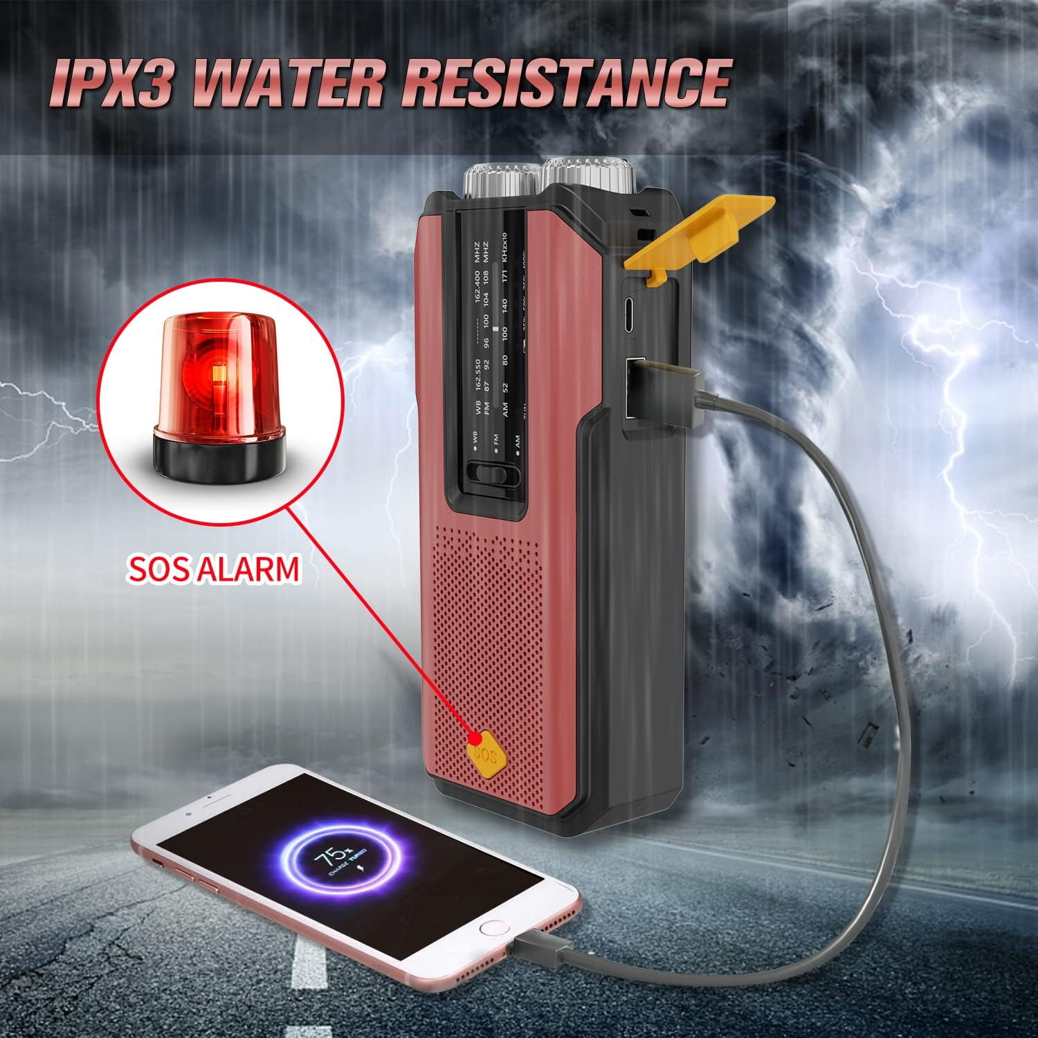 Newest Prociv Solar Emergency Wind Up Radio, Portable Hand Crank AM/FM Radio with SOS Alarm LED Torch, 2000mAh Rechargeable Power Bank USB Phone Charger Flashlight for Camping (Red)